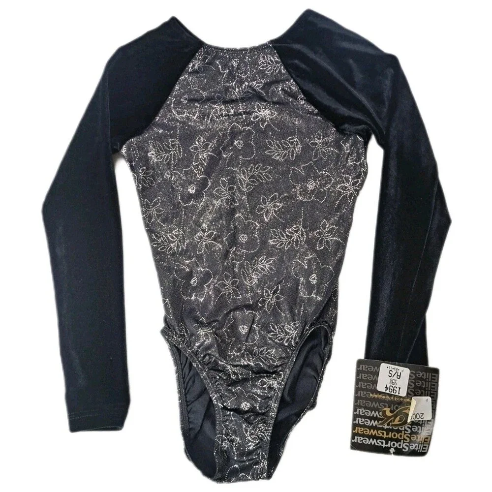 GK Elite VTG Foiled Floral Dot Silver Black LS Velvet Sleeves Leotard Size AS